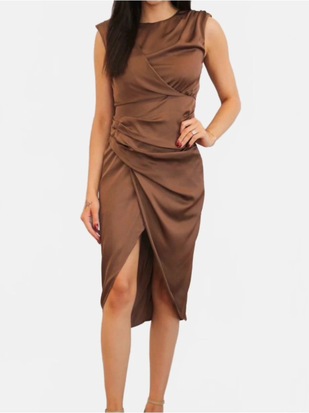Do+Be Byron Cap Sleeve Mocha Draped Satin Midi Dress